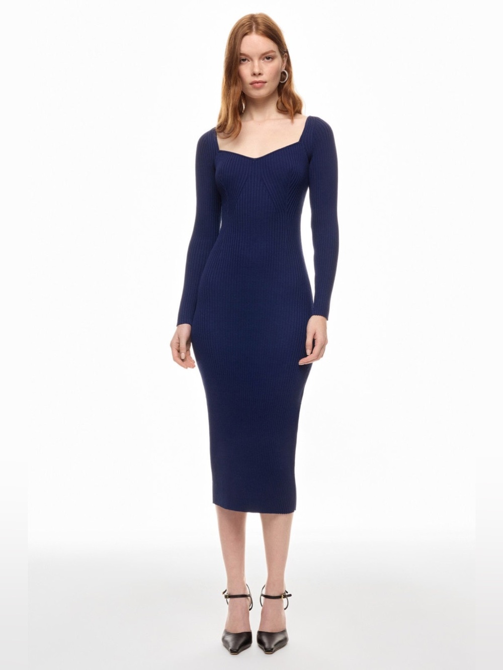 Adam Lippes Navy Ribbed Long-Sleeve Midi Dress